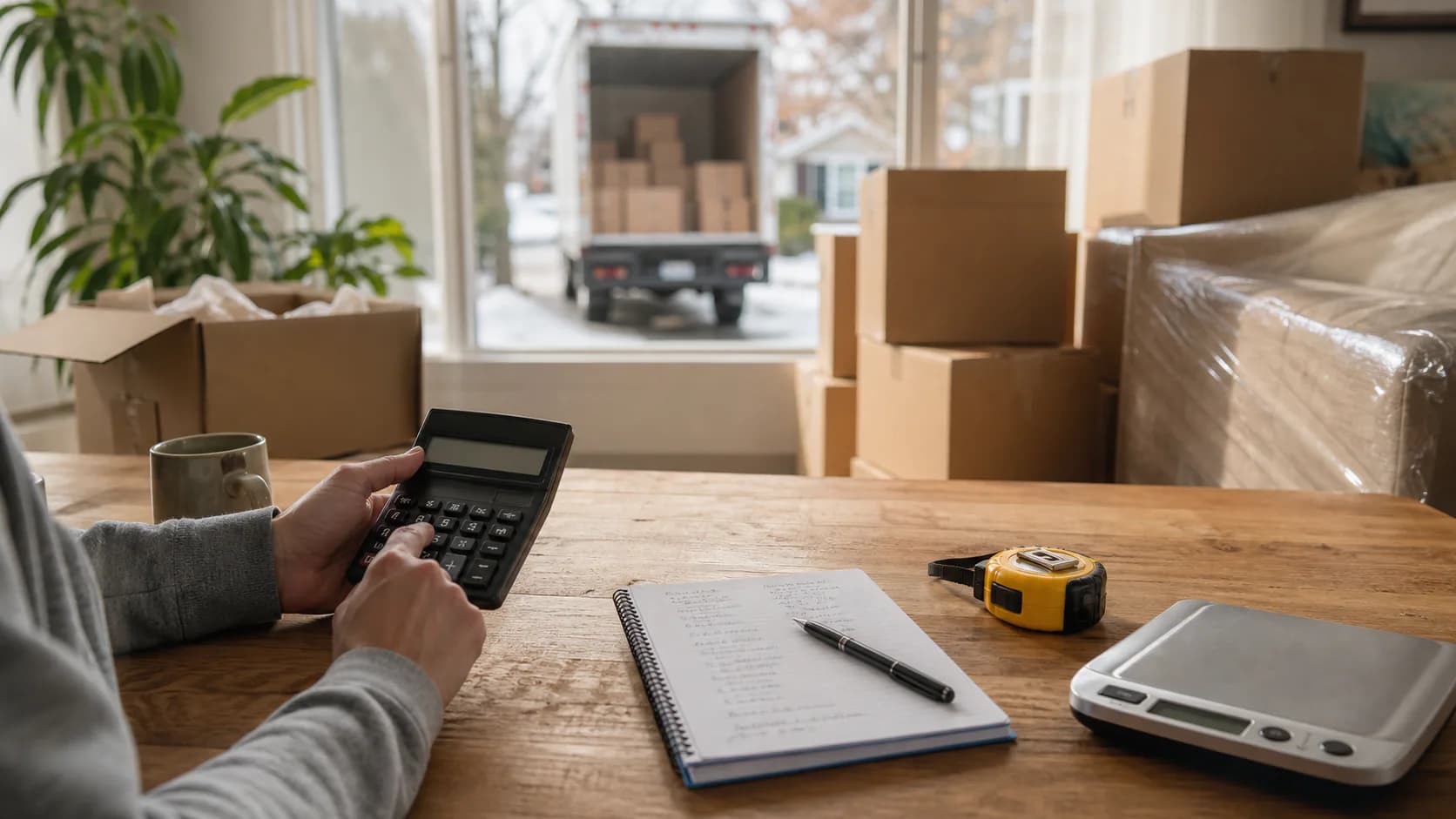A homeowner calculating a long-distance moving budget beside packed boxes and a household scale
